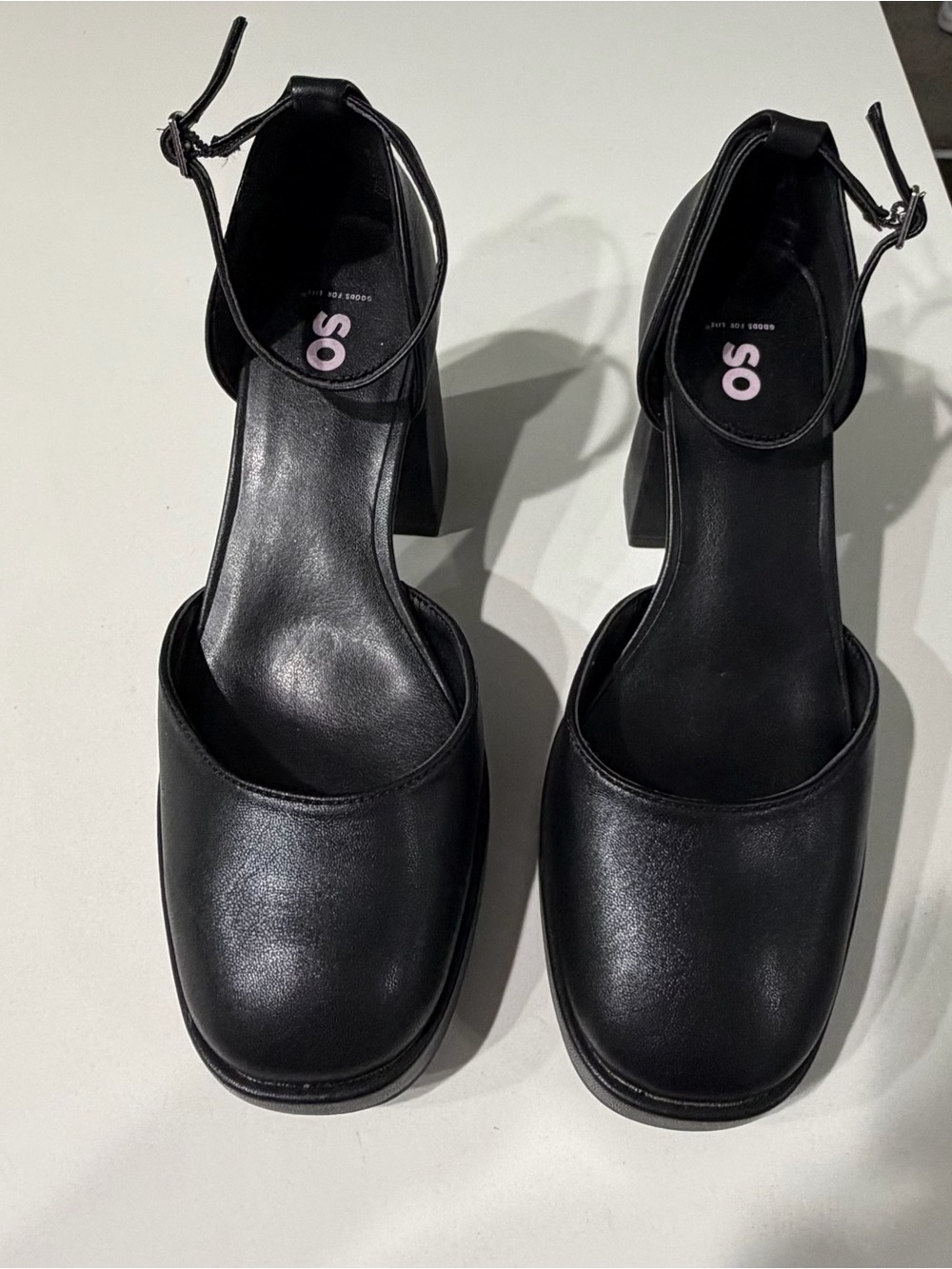 SO Black Square-Toe Ankle-Strap Block Heels